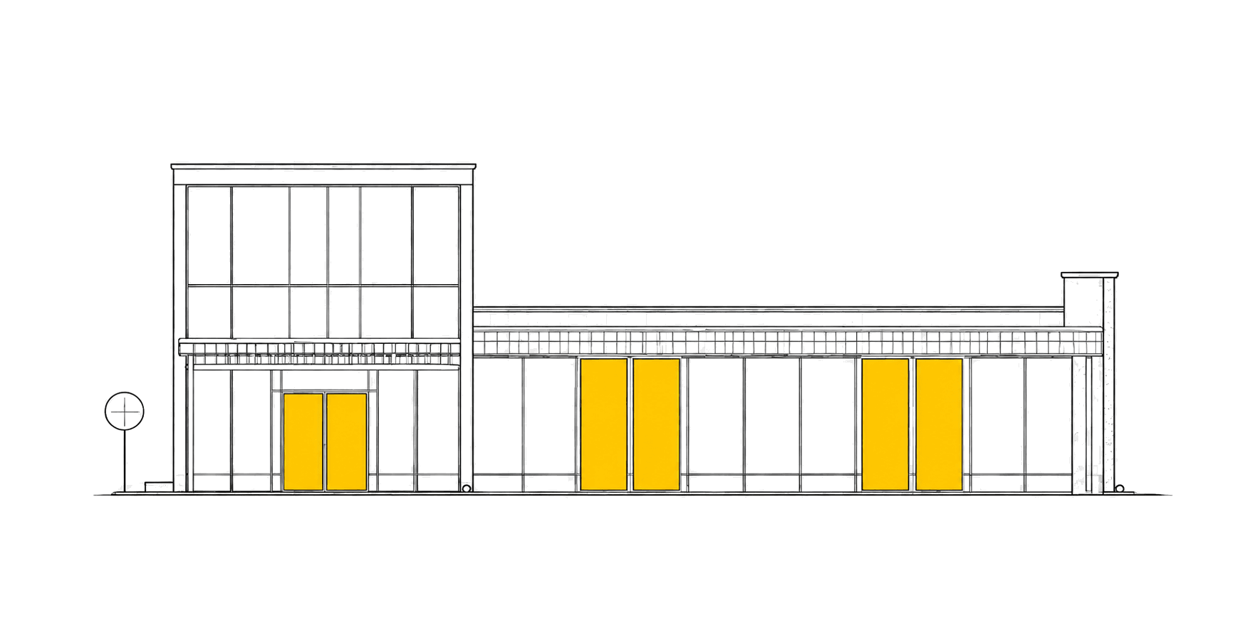 Modern commercial building elevation with yellow accent doors
